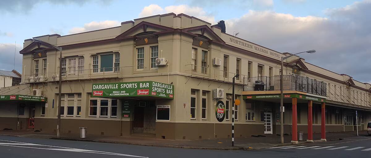 The historic facade of The Northern Wairoa Hotel on Victoria Street, Dargaville